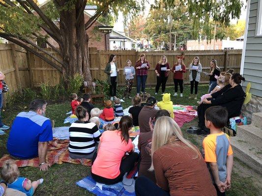 Special storytime events in the bookstore backyard.