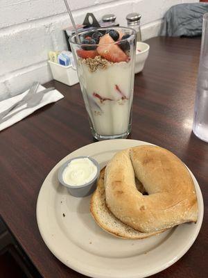 Yogurt parfait and a bagel