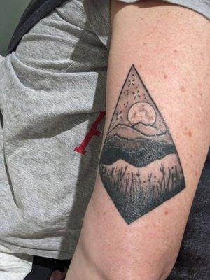 Tattoo of blue ridge, stars and moon