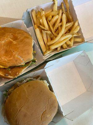 Jenn's chicken and an our burger with a side of fries!!