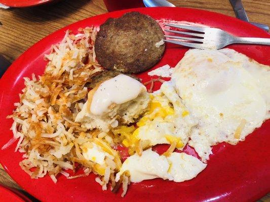 Eggs, sausage, hash browns, and some biscuit and gravy that I stole from my youngest