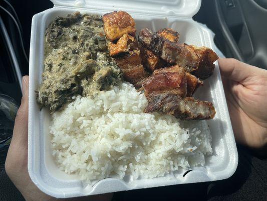 Dish 2- Fried lechon (pork), spicy taro curry and white rice