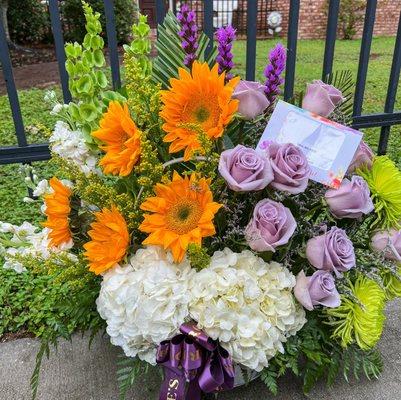 Custom Basket Arrangement of Sunflowers, Lavender Roses, Purple Liatris, White Hydrangeas, Green Cremons and Mixed Greenery and Filler