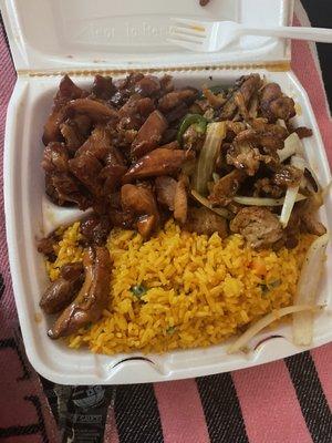 All day special Bourbon chicken, teriyaki chicken and fried rice.