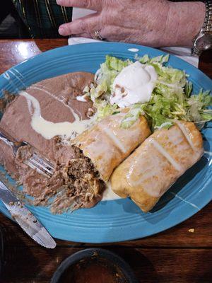 Full Chimichanga (2) plate stuffed with ground beef.