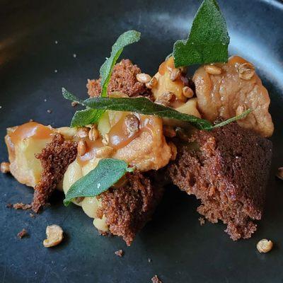 Fall dessert. Butterscotch bread pudding with apples, molasses cake, and fried sage.