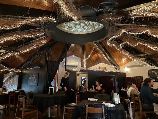 Upstairs dining under the skylight.