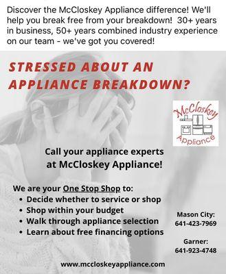 Appliances stressing you out? Come see us for sales and service needs! We are your appliance experts and will help you through it all!