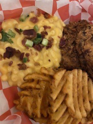 Chicken tenders, Mac and cheese, waffle fries