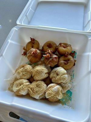 Maple bacon mini donuts and banana pudding mini donuts.