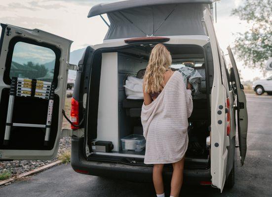 Check out our Mercedes-Benz Metris camper van, complete with a pop-up roof!