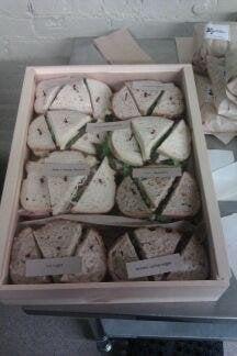 Sandwich Platter served in a pine wine box - www.eathomegrown.com/catering to order