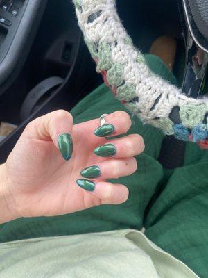 Metallic Green gel, Almond acrylic set