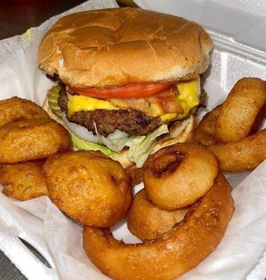 Bacon Cheeseburger with a side of Golden Onion Rings