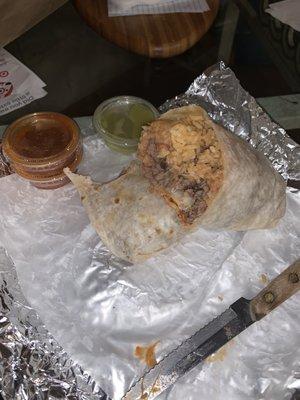 Burrito with just meat, cheese, beans and rice