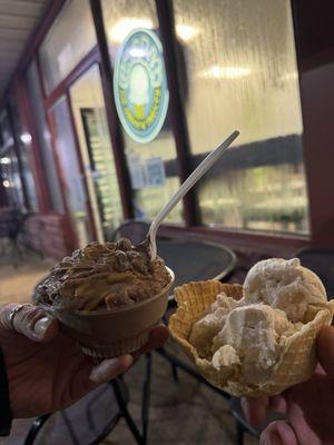 Peanut Butter Happiness and  Apple Strudel ice cream in a waffle bowl  Nice treats for date night.