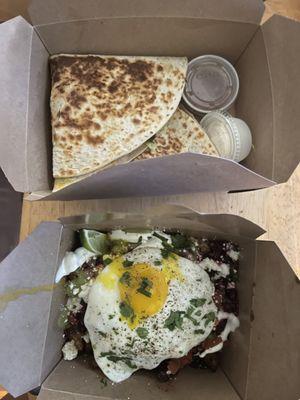 Crispy Rice w/ Roasted (deep fried) Cauliflower, with added beets and avocado.   Quesadilla  with sauces.