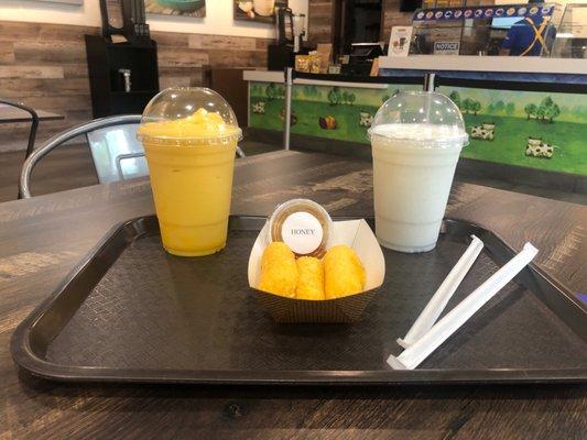 Mango coconut frosty, coconut frosty, and cassava cheese finger