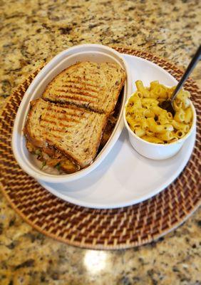 Pesto Chikin Avo Melt Panini and Mac & cheese