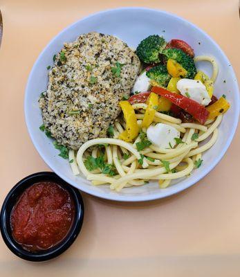 Chicken Parmesan with Bucatini and Bocconcini & Basil Pesto Vegetable Medley