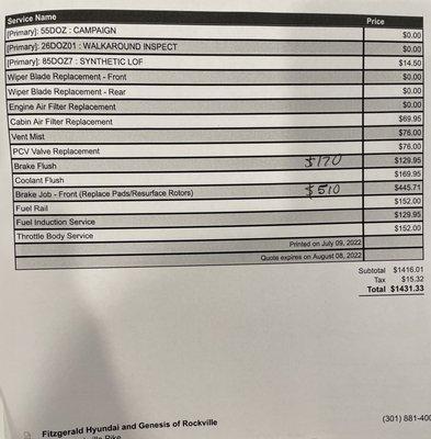 Invoice with supposed "parts cost on right" and "total cost" on left.