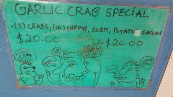 Garlic crab special with 5 blue crabs, 10 shrimp, corn on the cob and potatoes