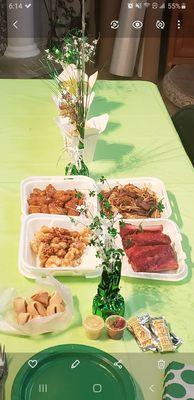 Top left- orange chicken  Top right - beef chow fun Bottom left -honey walnut shrimp Bottom right- peeking ribs