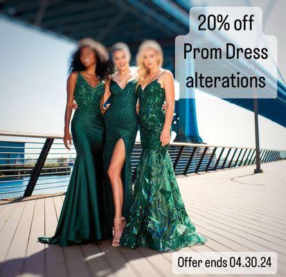 20% OFF prom dress alterations 
Offer ends April 31st 2024