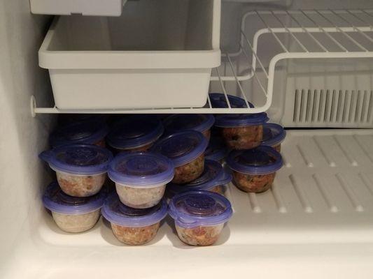 We put the dog's food into serving-size cups, and thaw one out as needed.