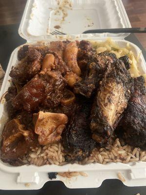 Oxtail, Jerk Wings, rice and peas, cabbage