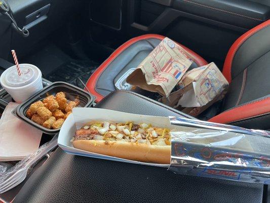 BBQ Chip Seasoned Tots, Footlong Quarter Pound Coney