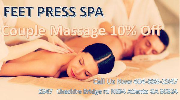 Feet Press Spa--November Special
Couple massage 10% off
Swedish/Deep Tissue/Sport Massage/Thai Massage
Free Hot Stone