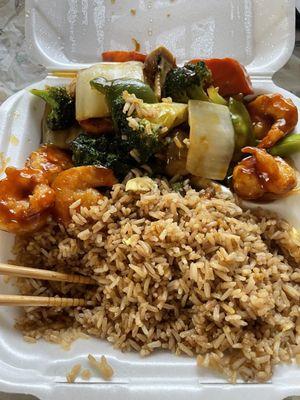 Shrimp and vegetables lunch combo. Fried rice was ONLY rice and small piece of egg- no veggies, no pork pieces, just rice.