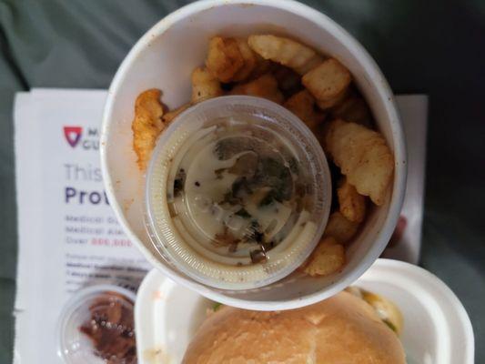 Luckys roadside fries.  Came in an open container with side of topping...REALLY.