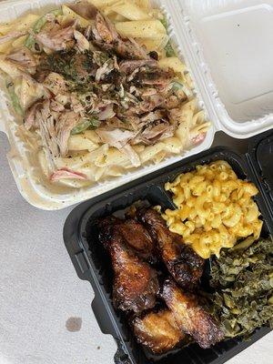 Rasta Pasta with BBQ Chicken Wingettes Mac and Cheese Vegetables