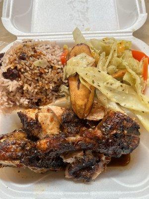 Jamaican Jerk Smoke Chicken, rice and peas, plantain, and cabbage