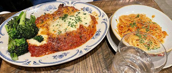 Chicken Parm $29 with side of pasta (add $10) - big portion size and though pricey, worth it. Really good.