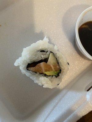 Salmon and avocado house roll. Very little fish, mostly rice. Expensive for ~$13