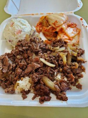 Beef Bulgogi Plate with kimchi and potato salad