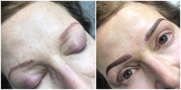 Combination brows to cover old microblading that turn pink grey ( previously done by another artist)