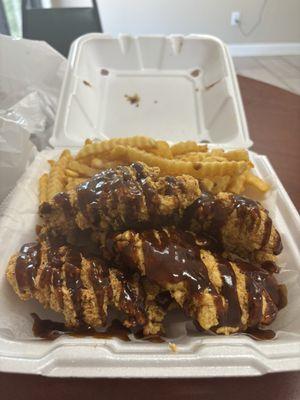 4 tenders and Fries with BBQ sauce ($10)