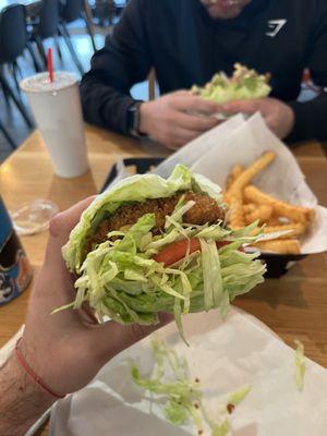 Veggie burger. Home made ingredients and deep fried as a patty. Not frozen!! Fresh!!!