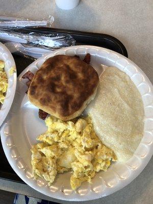 2 egg platter, bacon, biscuit and grits