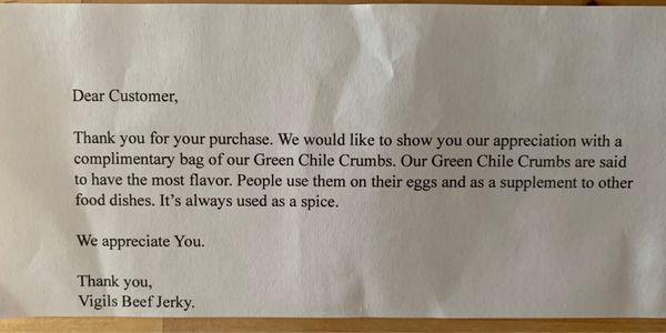 Note with free Green Chile Crumbs.