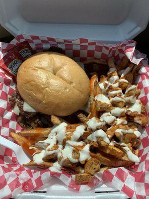 Mushroom Swiss double with a half order of buffalo chicken fries.