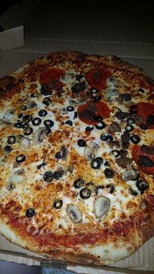 Half all meat (with no bacon or salami, sub mushroom and olives.) Half mushroom and olives.