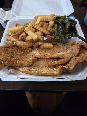 Fried whiting filets, meatless collard greens, and fries