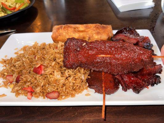 Combo plate: boneless ribs and beef teriyaki with pork fried rice and egg roll added on