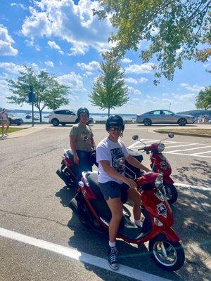 Pause from riding at Lake Geneva waterfront.