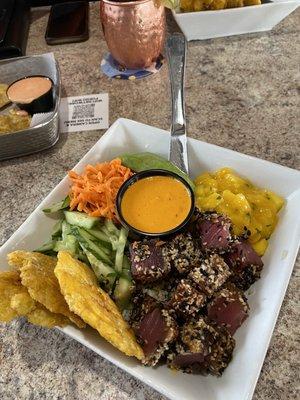 Ahi Tuna Bowl Cucumber, carrot, mango salsa, avocado, and tostones all over a bed of cilantro lime rice.